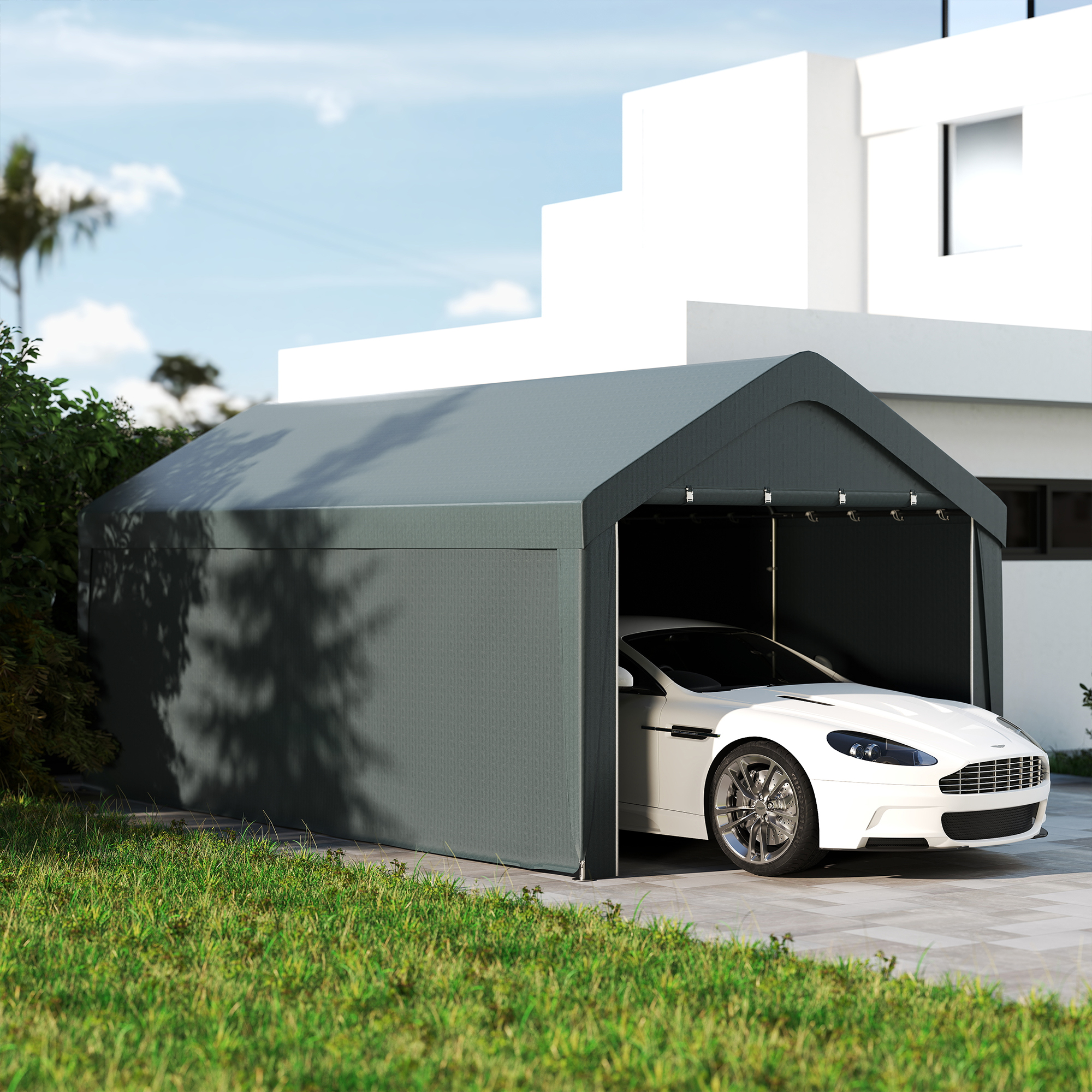Outsunny Carpa Garaje 6×3 m Garaje Exterior para Coche Impermeable Cobertizo de Exterior Anti-UV con Paredes Laterales Desmontables y 2 Puertas con Cremallera Gris Oscuro - Image 2