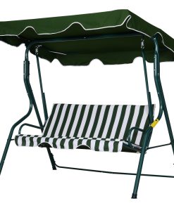 Outsunny Columpio Balancín de Jardín Exterior 3 Plazas de Metal con Cojín y Techo Ajustable para Balcón Terraza Carga 200 kg 170x110x153 cm Raya Verde