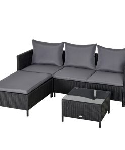Outsunny Conjunto de Muebles de Jardín 4 Piezas Ratán Doble Sofá Mesa de Café Taburete con Cojines Acolchados para Exteriores Marco de Metal Negro