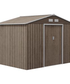 Outsunny Caseta de Jardín Exterior 4,9 m² 277x195x192 cm Efecto Madera Cobertizo de Jardín Exterior con Puerta Corredera Techo Inclinado Base Refuerzo (Suelo NO Incluido) y 4 Ventanas Natural