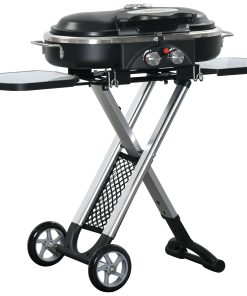 Outsunny Barbacoa de Gas Plegable con 2 Quemadores 2,34 KW BBQ de Gas con 2 Ruedas 2 Parrillas Metálicas y 2 Mesas Laterales para Pícnic Camping 100×41,6×82,5 cm Negro