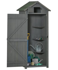 Outsunny Armario de Jardín de Madera 77×54,2×179 cm 0,3 m² Cobertizo para Almacenaje de Herramientas con 3 Estantes y 2 Puertas con Cerrojo para Patio Terraza Gris y Verde