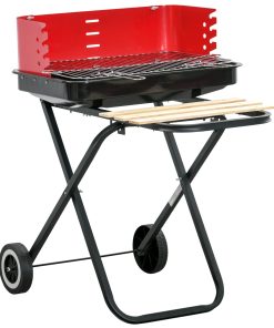 Outsunny Barbacoa de Carbón Plegable y Portátil con 2 Ruedas Parrilla con Altura Ajustable para Camping Picnic Playa 57x64x83 cm Rojo y Negro