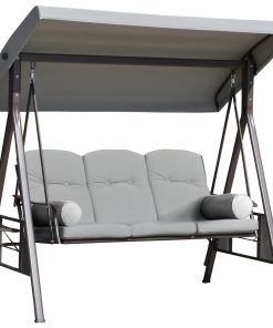 Outsunny Balancín de Jardín Exterior de 3 Plazas Columpio de Jardín Exterior con Toldo Ajustable Bandejas Laterales 2 Almohadas y Marco de Metal Carga 360 kg 206x116x183 cm Gris
