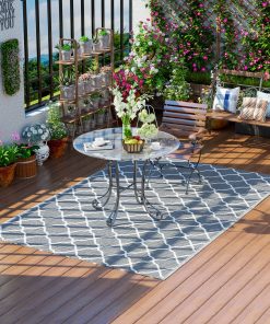 Outsunny Alfombra de Exterior 182×274 cm Alfombra Reversible con Patrón Geométrico Impermeable para Terraza Balcón Patio Camping Playa Gris y Blanco