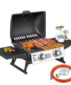 Outsunny Barbacoa de Gas con 2 Quemadores de Acero Inoxidable 2,8 KW Barbacoa Portátil con Mesas Laterales Plegables Bandeja Extraíble y Termómetro para Pícnic Camping 101x48x41 cm Negro