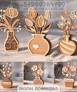 10 Diseños de Flores en Jarrón para Corte Láser | Decoración MDF Elegante (DXF, SVG, EPS)